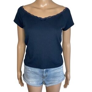 Hollister Solid Blue Off The Shoulder Lace Trim Cropped Short Sleeve T-Shirt Top